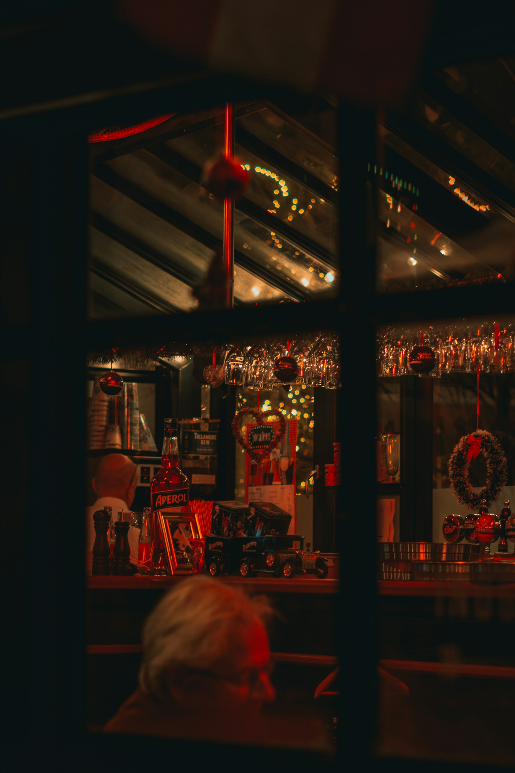 Warmly lit stock photograph of a decorated bar